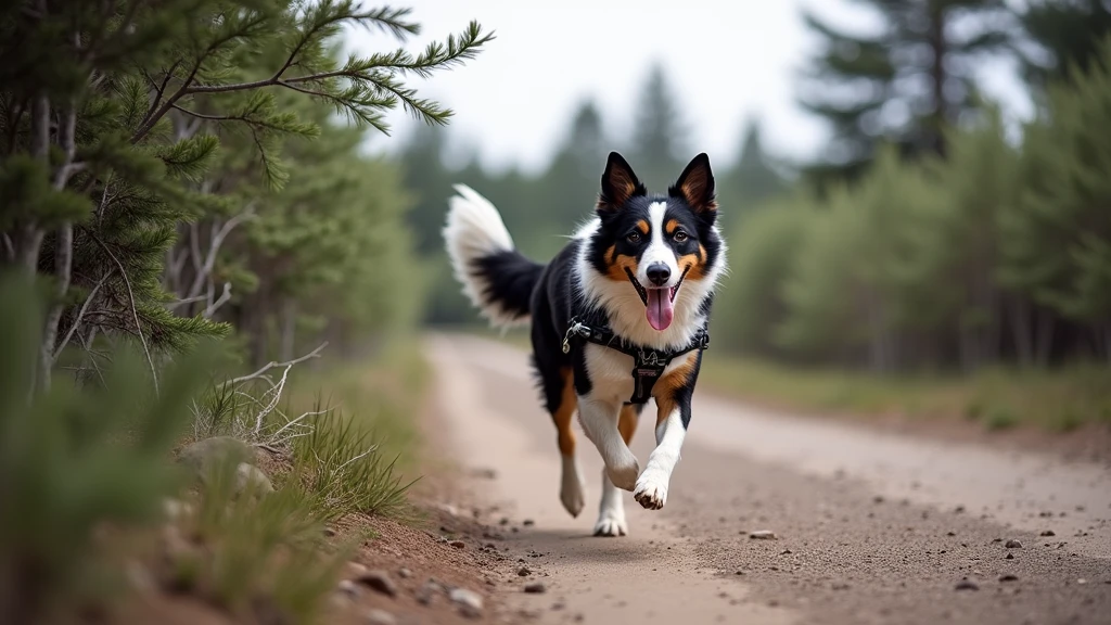 A Border Collie dog is running at the extreme right edge of the image, with its tongue out. The dog is wearing a special running leash, similar to those used for sled dogs. The scene captures only the front half of the dog, focusing on its head and upper body. The surrounding environment is dense with vegetation, creating a closed, natural setting. On the left side of the image, there is a view of thick vegetation, including tall trees. The photo is taken in a high-resolution DSLR style, using a wide-angle lens and an f/4 aperture, creating a soft blur effect in the background to emphasize the depth of the landscape.