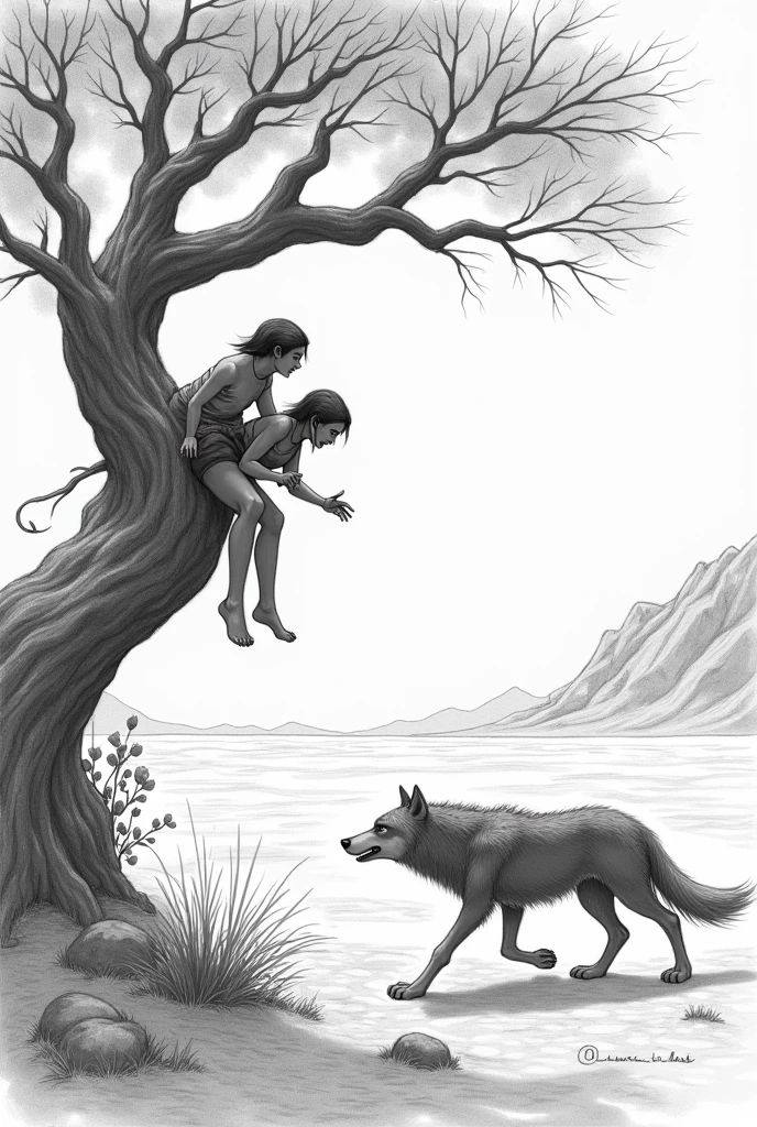 Characters drawn with a pencil in the desert, climbing a tree in fear of a wolf, high resolution