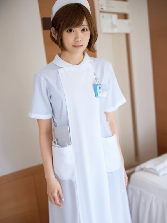woman, alone, (Wearing white nurse clothes:1.2), Shortcuts, Bobcut, nurse, Perfect Anatomy, nurse uniform, (Nurse cap), (White costume), Long skirt, hospital, Upper Body,