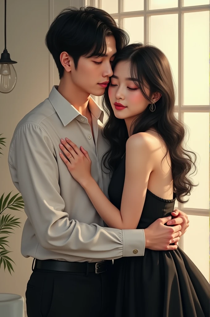J-Hope do BTS front with black hair, wearing a black pants and a white shirt, hugging his twin sister, front with black hair, wearing a black dress. They both have Korean characteristics and seem to be in an environment that highlights the harmony and connection between them., perhaps with soft lighting that highlights your features and clothing.