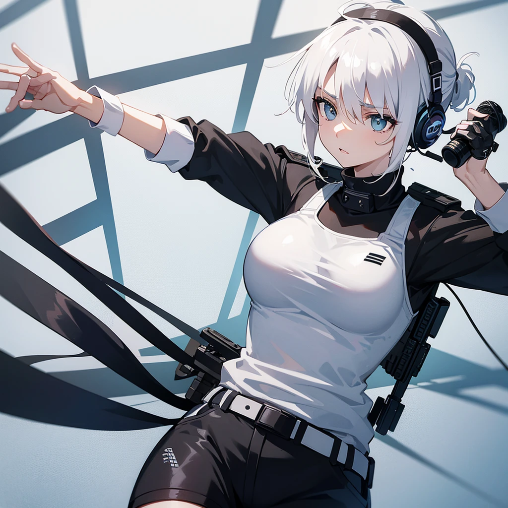 One female SWAT team member with white hair tied in a ponytail, wearing headphones with a microphone, and wearing a bulletproof vest, with a white shirt underneath.