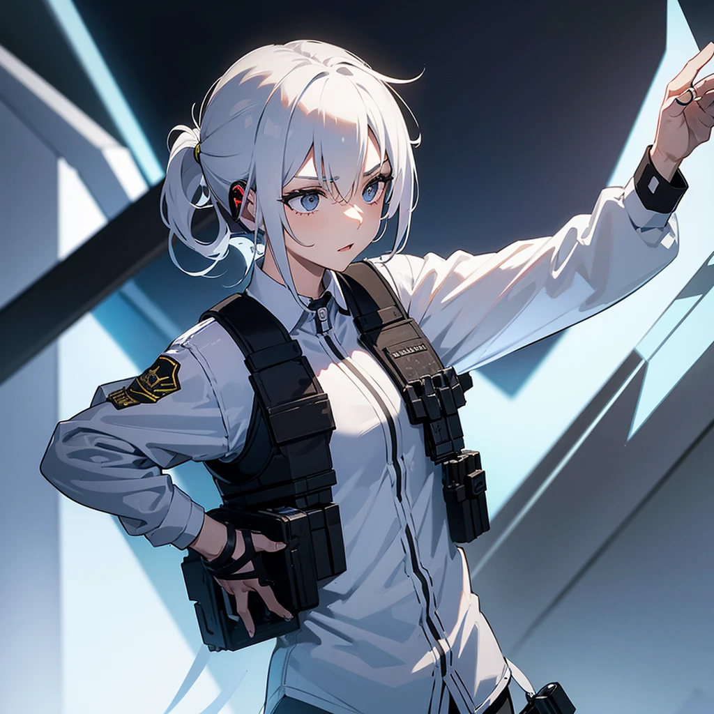 One female SWAT team member with white hair tied in a ponytail, wearing headphones with a microphone, and wearing a bulletproof vest, with a white shirt underneath.