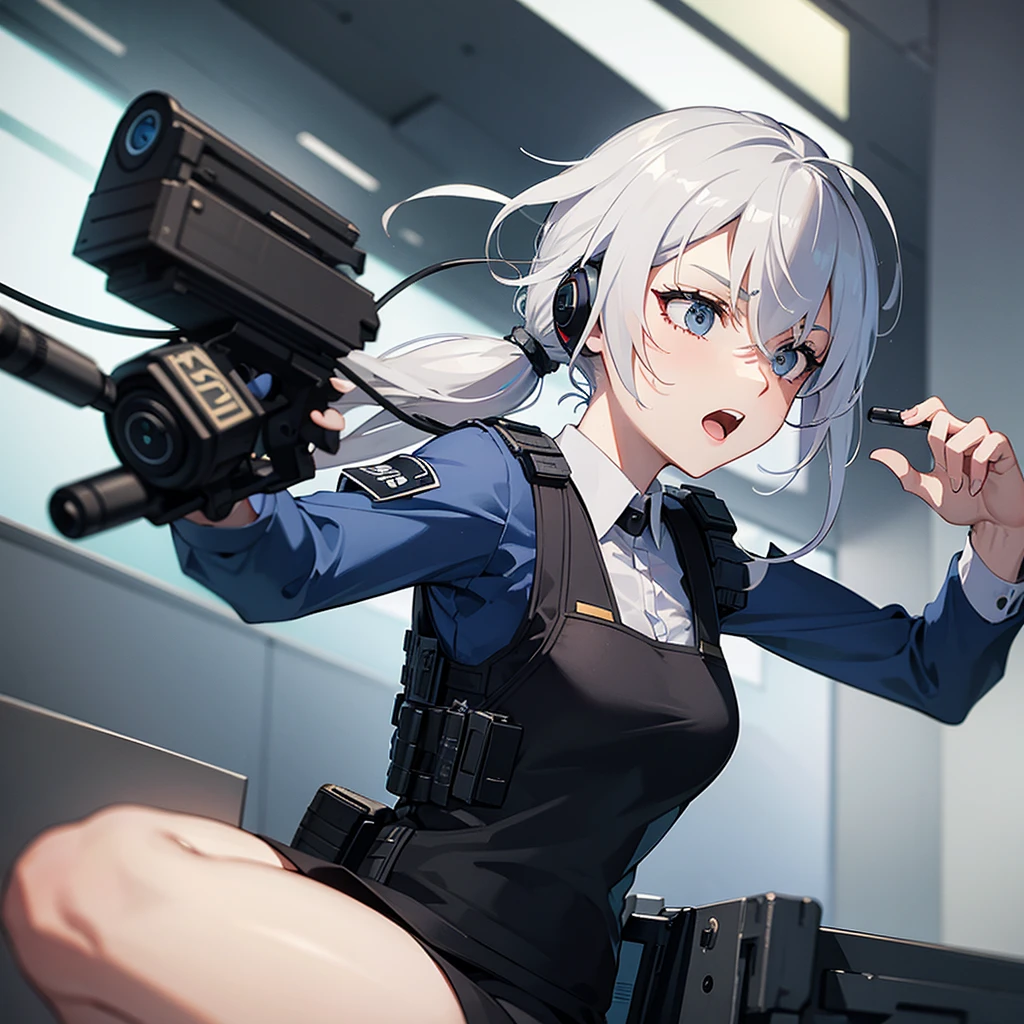 One female SWAT team member with white hair tied in a ponytail, wearing headphones with a microphone, and wearing a bulletproof vest, with a white shirt underneath.