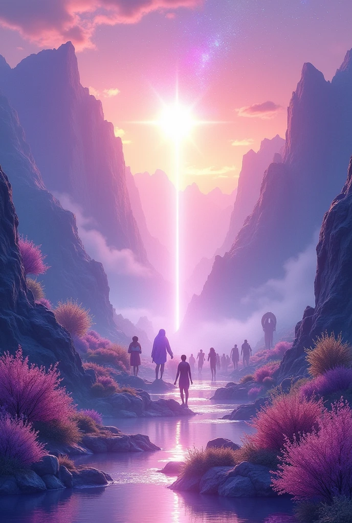 3d style book cover, water colour, da sombra de uma multidão de pessoas andando para um lugar muito sunlit. A beautiful place, full of mountains, sunlit, in shades of lilac and lavender, of the fifth dimension, with vibration, Espiritualidade. There were many crystals and diamonds around, Flowers and Waters. Angelical