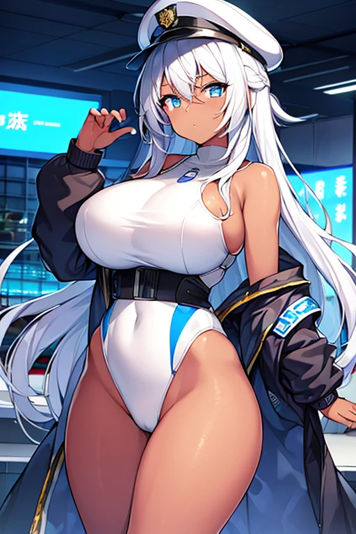 1girl, dark skin, dark-skinned female, police uniform, police, white hair, long hair, blue eyes, police hat, huge breasts, wide hips, thick thighs, policewoman, futuristic, neon trim, science-fiction, machinery, tech, blue trim, glowing eyes, toned female, toned, cute face, mature female, neon, one-piece swimsuit, competition swimsuit, medal, white swimsuit, badge, police badge