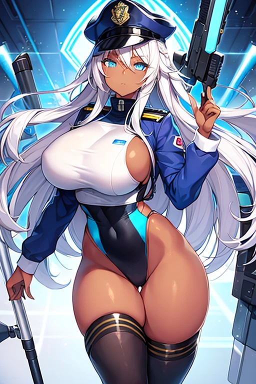 1girl, dark skin, dark-skinned female, police uniform, police, white hair, long hair, blue eyes, police hat, huge breasts, wide hips, thick thighs, policewoman, futuristic, neon trim, science-fiction, machinery, tech, blue trim, glowing eyes, toned female, toned, cute face, mature female, neon, one-piece swimsuit, competition swimsuit, medal, white swimsuit, badge, police badge