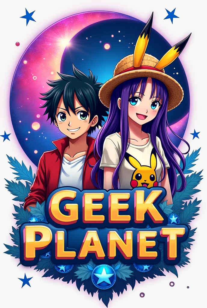 A logo with a world in the background, the pink and purple crescent moon and star heart symbol in the upper left corner in vivid colors, one or two anime figures, a boy with wavy hair and a girl with long, straight purple hair with pink tips like Pikachu ears with a Pikachu shirt and Luffy&#39;s hat from One Piece,  and have in the middle the name geek planet