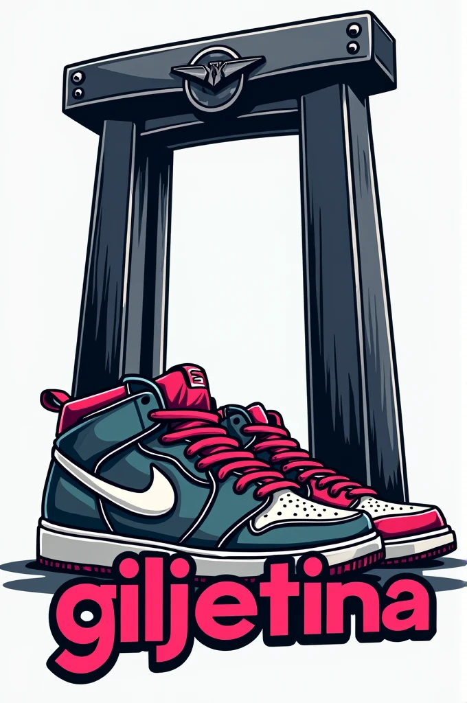 Create a bold and edgy logo for an Instagram profile named 'Giljetina' that specializes in selling sneakers. The logo should feature a pair of stylish, modern sneakers in front of a stylized guillotine. The guillotine should have a sleek, contemporary design, with sharp, clean lines that give it a modern yet slightly intimidating look. The sneakers should be detailed and prominent, with vibrant colors that contrast the dark, metallic guillotine. The overall vibe should be a mix of street style and edgy fashion, appealing to sneaker enthusiasts. The text 'Giljetina' should be integrated into the design, possibly below or to the side of the image, using a bold, modern font."