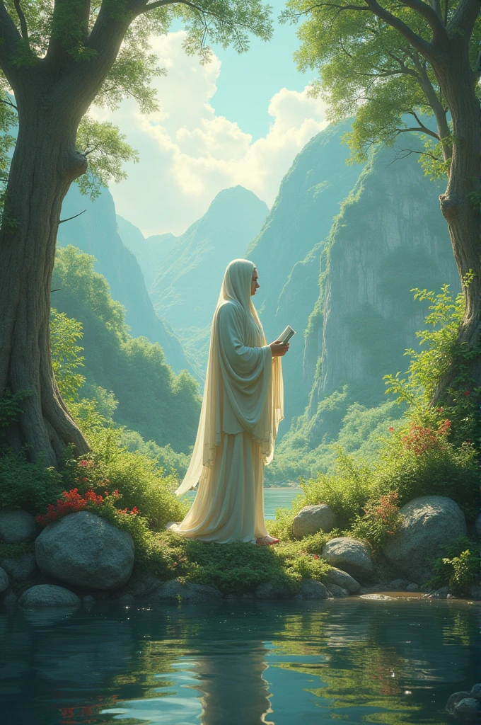 Make me an image that relates these topics :
God, study, job, nature and peace
