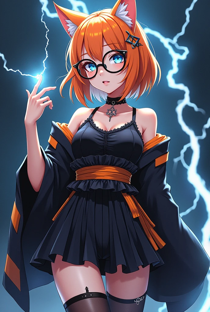 Mature anime girl, orange hair to shoulders wolfcut, white highlights, thin frame round glasses, Take-Mikazuchi, God of Thunder, blue eyes, , cat girl, goth, choker necklace, off shoulder jacket with orange stripes, lightning shaped hair accessories, sword shapes hair accessories, thigh highs, boy shorts, gothic kimono with frills, flat chested