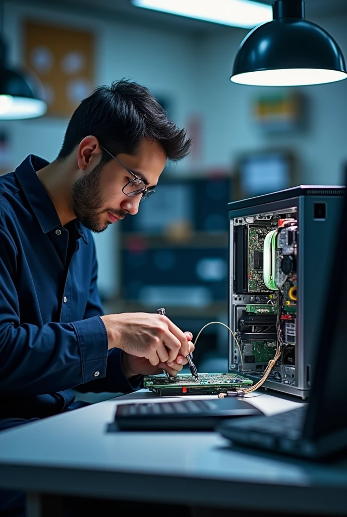 An attractive image showing a computer being repaired, highlighting the services offered by the company PC Corzo Solutions. Spotlight, A skilled technician is focused on repairing a desktop computer, using precision tools to fit internal components. The lighting is carefully placed to highlight the details of the circuits and the internal structure of the machine..
In the background, An organized work table is seen with more equipment waiting to be repaired., creating an environment that reflects professionalism and order. On one side, the 'PC Corzo Solutions' logo is clearly visible, along with the text 'Computer Repair Services' in a modern, legible font.
