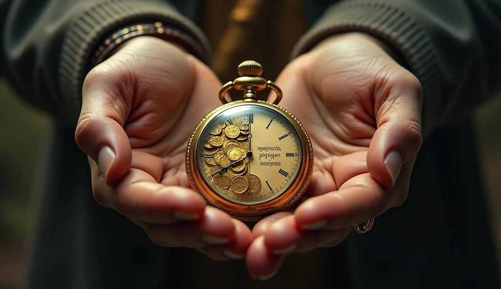 Create a hyper-realistic and mysterious image of two hands holding an antique pocket watch, where the dial is divided into two halves: one half filled with gold coins and the other with engraved words of wisdom. Hands should be detailed, showing a simple leather bracelet on one wrist and a gold ring on the other. The background should be softly blurred, with the golden light focusing on the clock, creating a sense of the passage of time and the importance of choices between immediate wealth and lasting wisdom.