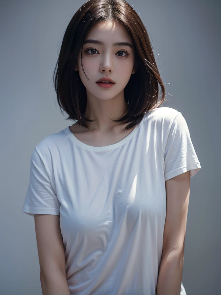 Highest quality、masterpiece、Ultra-high resolution、(Realism:1.4)、 1 person、In a pale background、Deep Shadow、Low Key、Shortcuts、Upper Body、sex appeal、Wearing a thick T-shirt、Cosmetic CM