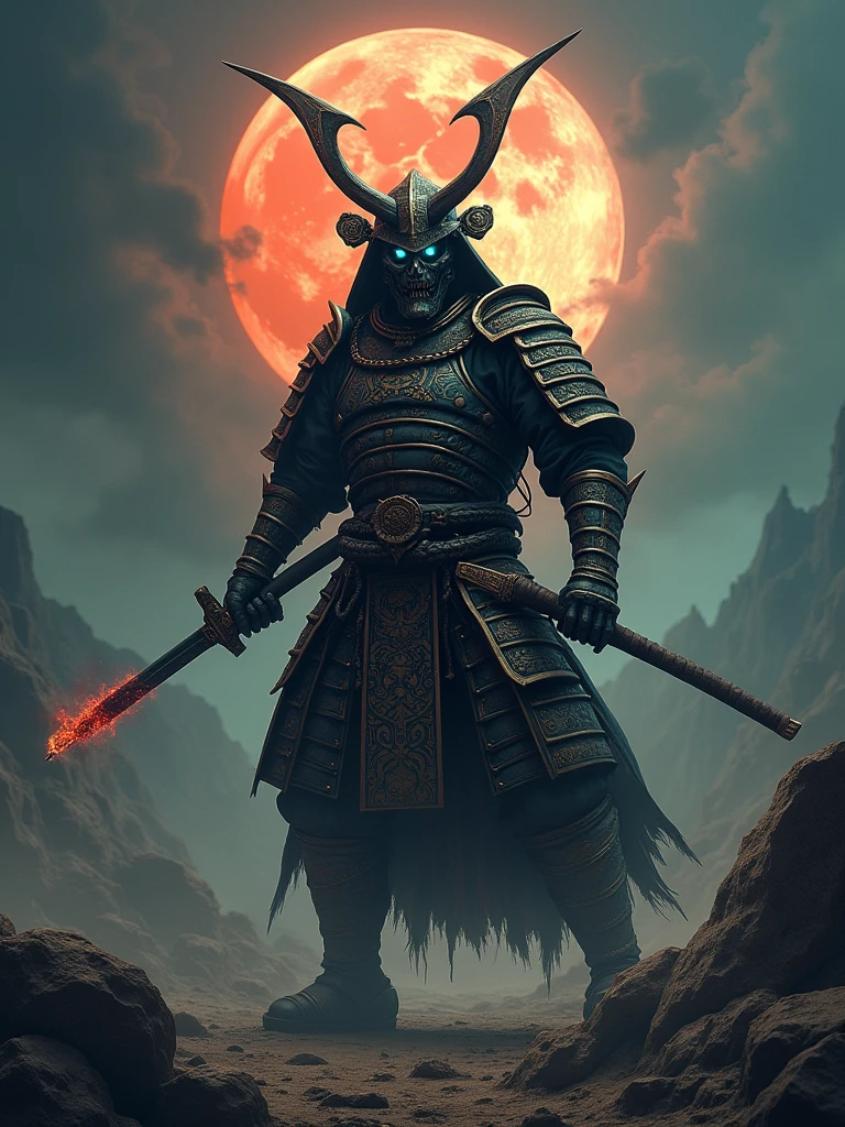 a fierce and intimidating zombie samurai,ancient tattered armor,dark green-acid neon and black hues,intricate demonic patterns,menacing horned helmet,fiery blue glowing eyes,massive cursed katana,dark energy emanating from the blade,strong aggressive posture,battle-hardened warrior,made a pact with dark forces,desolate eerie landscape,jagged rocks,ominous swirling clouds,blood-orange moon,(best quality,4k,8k,highres,masterpiece:1.2),ultra-detailed,(realistic,photorealistic,photo-realistic:1.37),dark fantasy,digital art,dramatic lighting,moody atmosphere,cinematic composition,epic scale