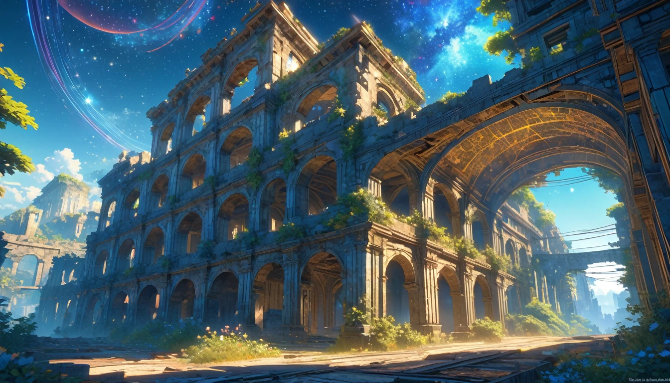 score_9, score_8_upper, score_7_upper,(((Fantastic ruins))),Modern ruins,sf,(((blue))),summer,horizontal line,Morning Glow,Starry Sky,Streaks of Light,(masterpiece, Highest quality, Highest quality, Official Art, beautifull, beautiful:1.2,Ray Tracing),Very detailed,Blue tones,Very detailed, (Fractal Art:1.3), Most detailed, High resolution, Impressive visuals, (Dynamic Stripes, Light trail:1.2), Vibrant colors ,Detailed Images