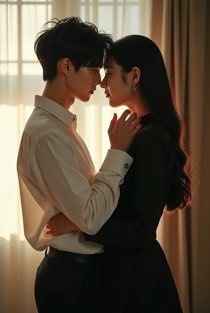  J-Hope do BTS front with black hair, wearing a black pants and a white shirt, with your twin sister, front with black hair, wearing a black dress. They both have Korean characteristics and seem to be in an environment that highlights the harmony and connection between them., perhaps with soft lighting that highlights your features and clothing.