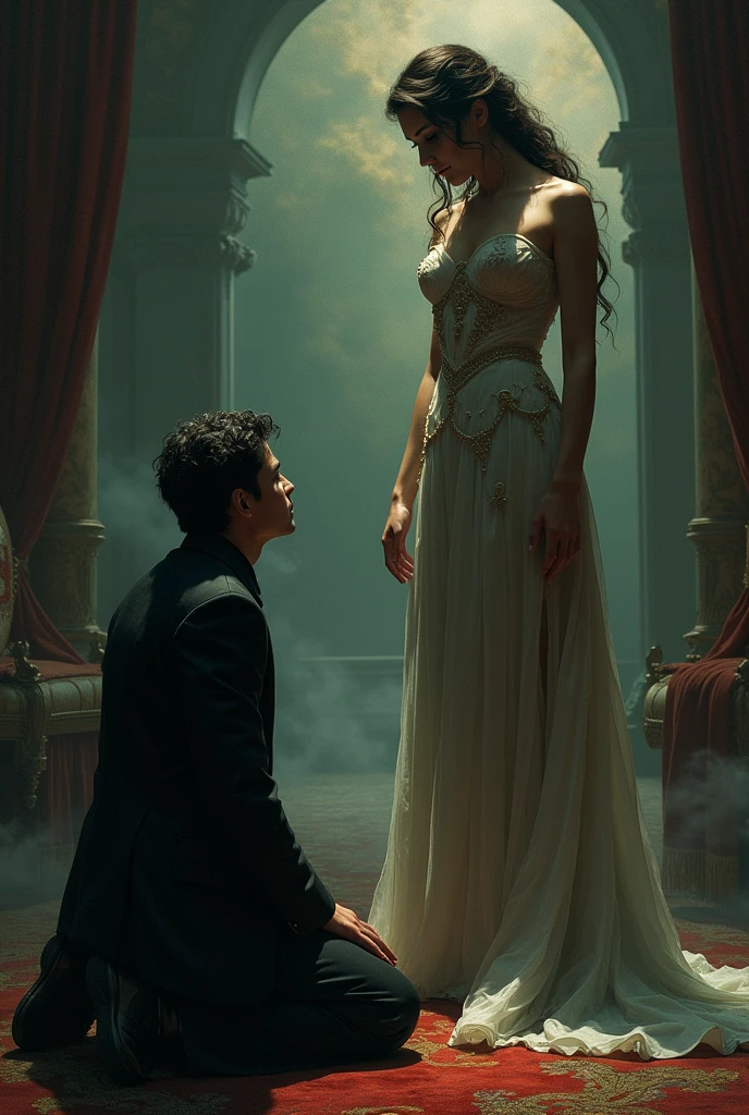 A man kneeling to a femme fatale like a goddess