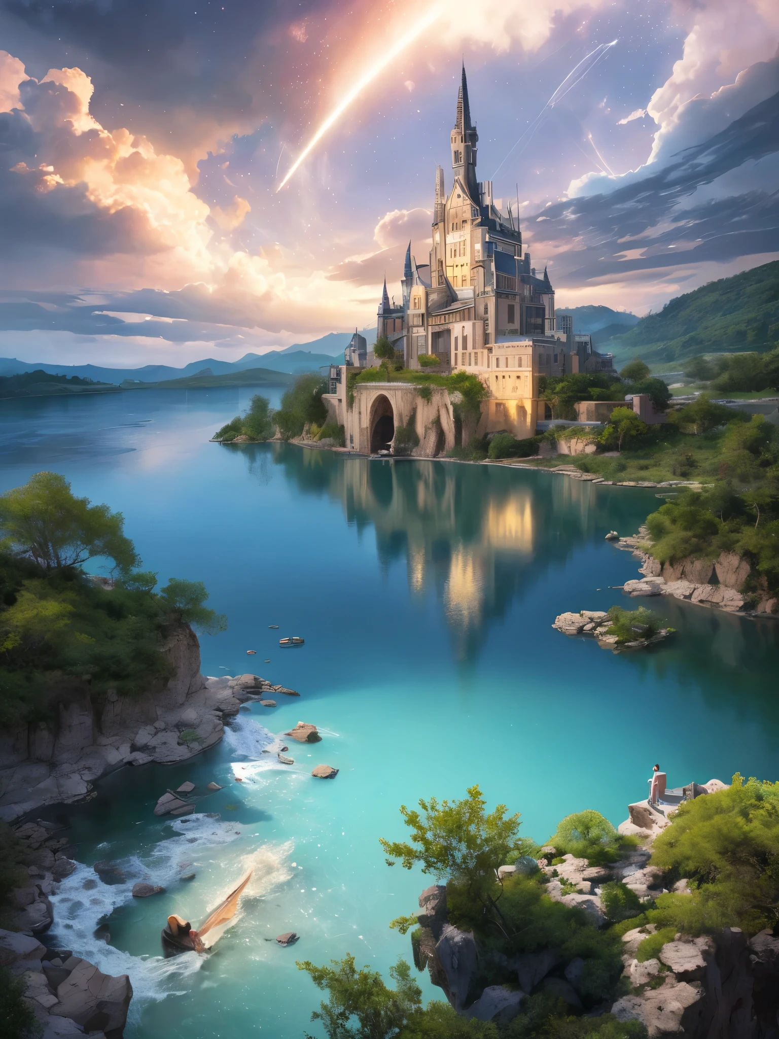 (8k, highest quality, masterpiece, final fantasy style: 1.2), (unRealistic, photoRealistic: 1.37), Dreamy landscape, Fantasy, Unsurreal landscapes, Super detailed, Flying Castle, Floating Island in the Sky, Seven-colored swirl of light, Intense lightning, milky way, Complex Light, Colored light, Large Lake, Starry sky reflected on the lake surface, Countless shining stars, Meteors, Reflections , (A pillar of light emanated from the ground:1,2), roses and orchids gardens , sunset, pink clouds, waterfalls in the sky, realistic style, Hyperrealism drawing, a flying pirate spaceship floating at the clouds level, burning skyscrapers, cyborgs, timeless realms, stunning princess , floating hair, pink lipstick, cute, naked shoulders , casting spell, healing light magic effect, in a magical lagoon of the fairyland, crystal clear water surface reflections, sharp focus, looking at viewer, (close-up:0.9), (bright white theme:1.2), (bright white tone:1.2), (deep blue tone:1.3), realistic, Hyperrealism,