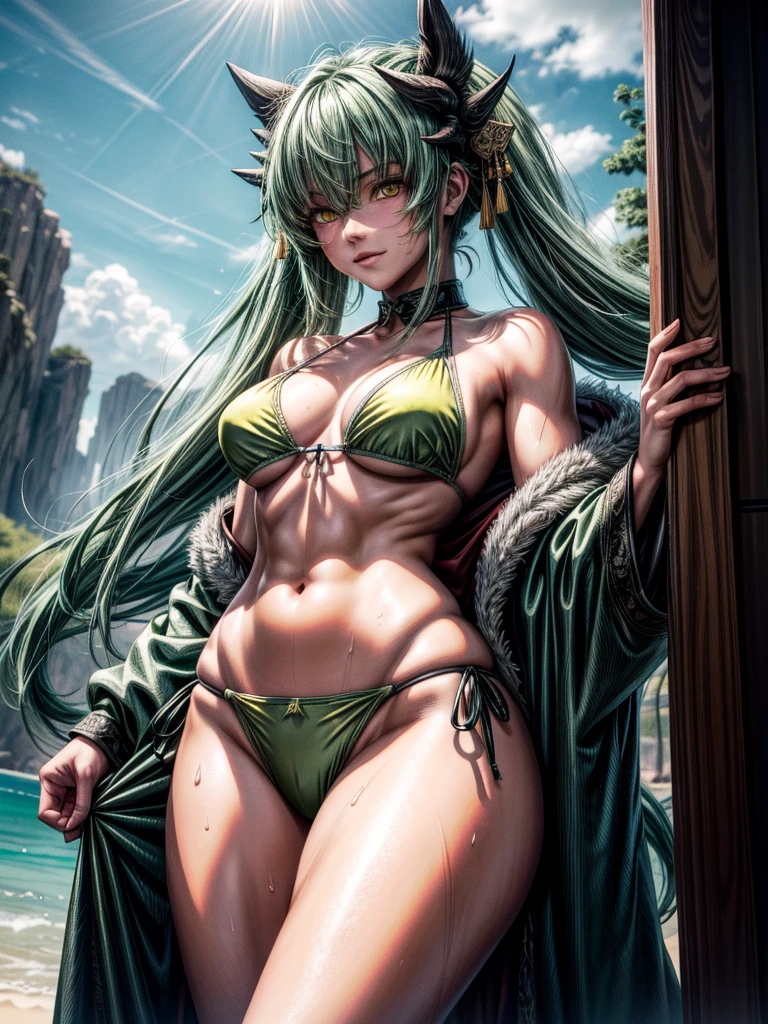 kiyohime, (green hair:1.4), (yellow eyes:1.4), long hair, (small breasts:1.6), muscular Female, thicc thighs, curvy hips, tanlines, swimsuit mark,
BREAK, (bikini:1.4),
BREAK looking at viewer, at beach, (sweaty body), ((smirk)), (sweaty:1.3), (from below), (frontal view),
BREAK (masterpiece:1.2), best quality, high resolution, unity 8k wallpaper, (illustration:0.8), (beautiful detailed eyes:1.6), extremely detailed face, perfect lighting, extremely detailed CG, (perfect anatomy), 