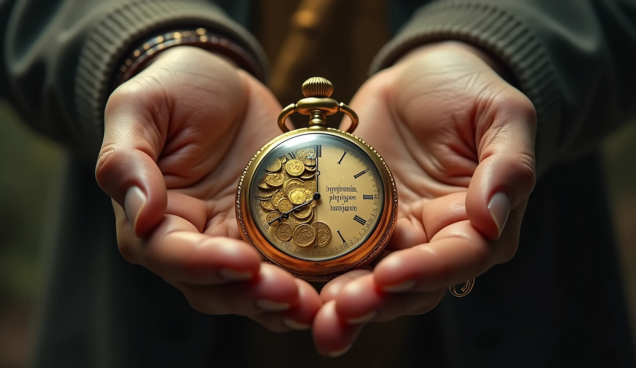 Create a hyper-realistic and mysterious image of two hands holding an antique pocket watch, where the dial is divided into two halves: one half filled with gold coins and the other with engraved words of wisdom. Hands should be detailed, showing a simple leather bracelet on one wrist and a gold ring on the other. The background should be softly blurred, with the golden light focusing on the clock, creating a sense of the passage of time and the importance of choices between immediate wealth and lasting wisdom.