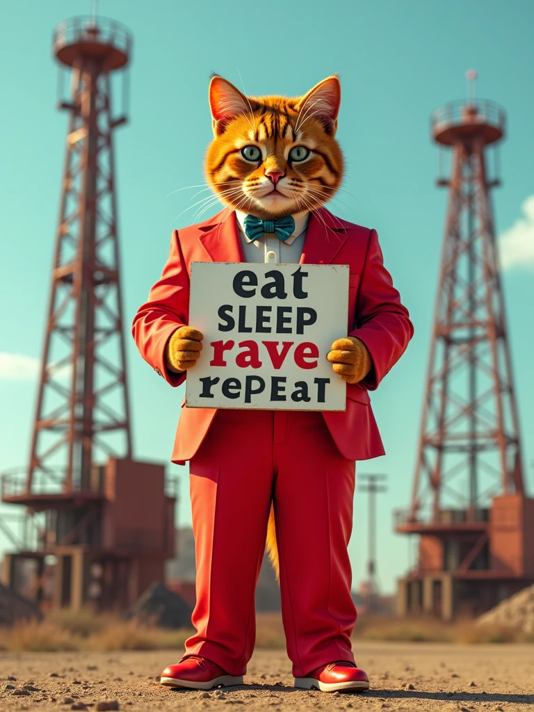 A life size human cat wearing a red suit, pants and jacket, holding a sign that says "eat sleep rave repeat", pumpjacks in the background, highly detailed, 8k, photorealistic, cinematic lighting, vibrant colors, epic, whimsical, trending on artstation, studio quality, backgrond is hot girls, focused, 3d