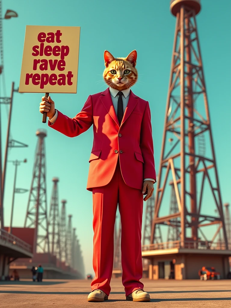 A life size human cat wearing a red suit, pants and jacket, holding a sign that says "eat sleep rave repeat", pumpjacks in the background, highly detailed, 8k, photorealistic, cinematic lighting, vibrant colors, epic, whimsical, trending on artstation, studio quality, backgrond is hot girls, focused, 3d