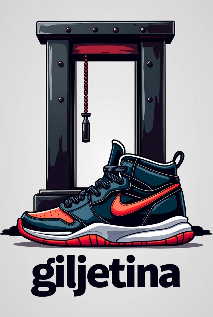 Create a bold and edgy logo for an Instagram profile named 'Giljetina' that specializes in selling sneakers. The logo should feature a pair of stylish, modern sneakers in front of a stylized guillotine. The guillotine should have a sleek, contemporary design, with sharp, clean lines that give it a modern yet slightly intimidating look. The sneakers should be detailed and prominent, with vibrant colors that contrast the dark, metallic guillotine. The overall vibe should be a mix of street style and edgy fashion, appealing to sneaker enthusiasts. The text 'Giljetina' should be integrated into the design, possibly below or to the side of the image, using a bold, modern font."