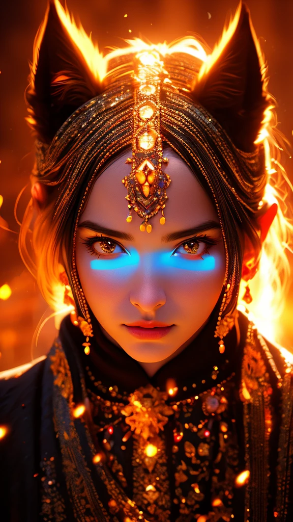 1girl, cat ears, glowing eyes, fire, sunset, cloudy sky, animal ears, navel, breasts, embers, looking at viewer, dramatic lighting, vibrant colors, volumetric lighting, chiaroscuro, cinematic composition, fantasy, magical, mystical, (best quality,4k,8k,highres,masterpiece:1.2),ultra-detailed,(realistic,photorealistic,photo-realistic:1.37),digital art, highly detailed face, intricate details