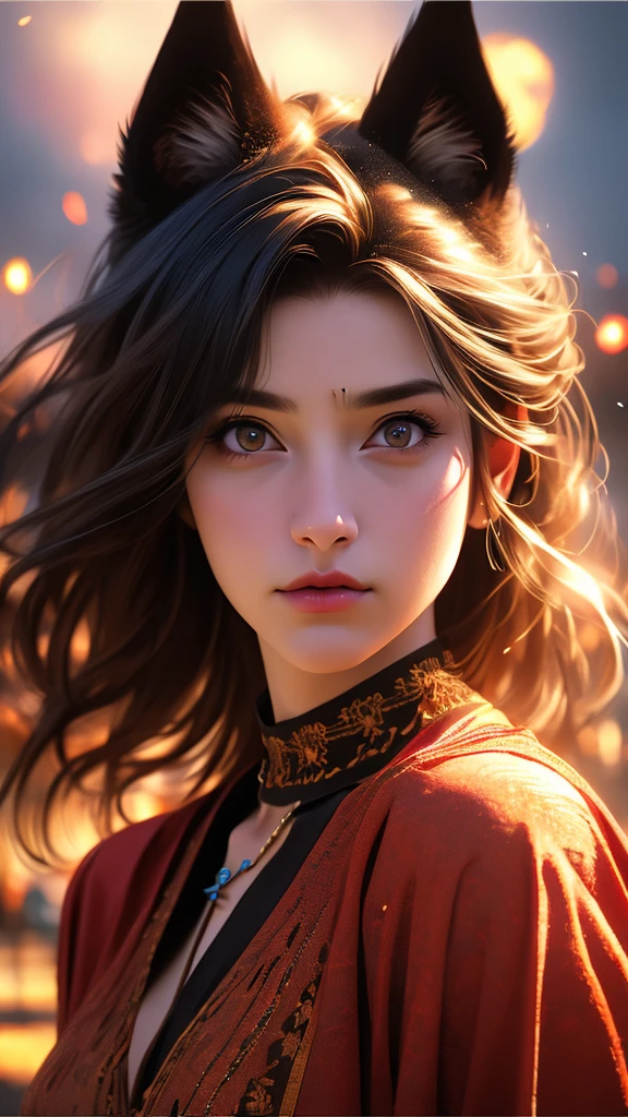 1girl, cat ears, glowing eyes, fire, sunset, cloudy sky, animal ears, navel, breasts, embers, looking at viewer, dramatic lighting, vibrant colors, volumetric lighting, chiaroscuro, cinematic composition, fantasy, magical, mystical, (best quality,4k,8k,highres,masterpiece:1.2),ultra-detailed,(realistic,photorealistic,photo-realistic:1.37),digital art, highly detailed face, intricate details