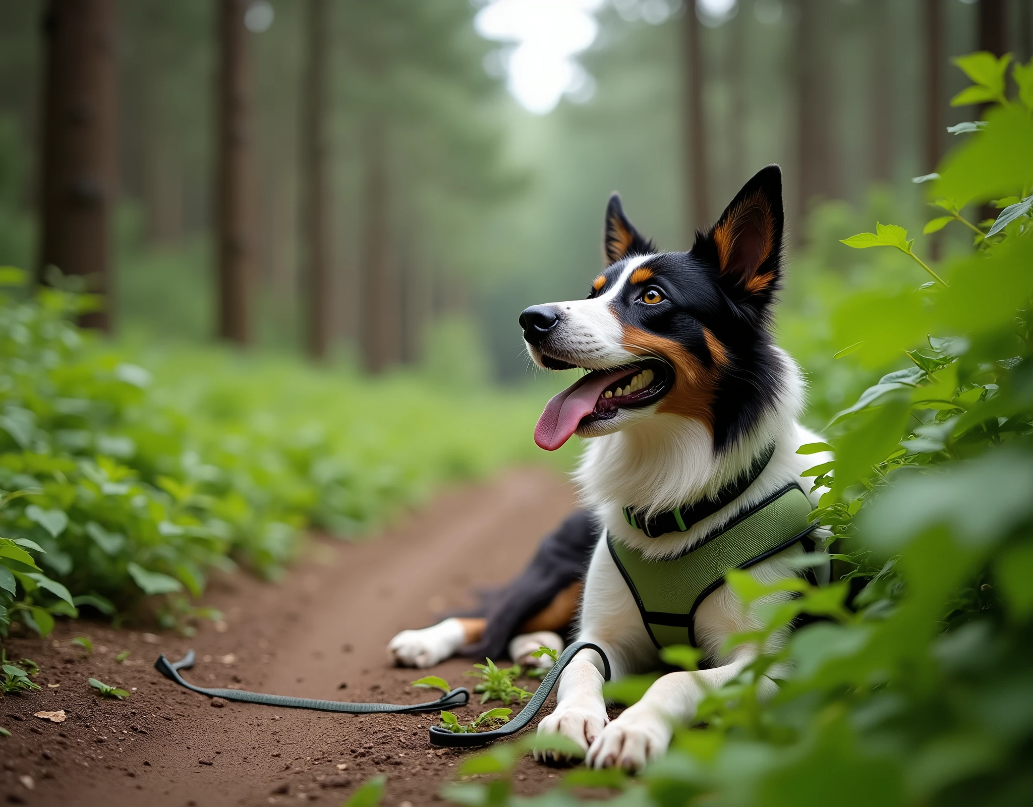 A Border Collie dog is lying down at the extreme right edge of the image, with its tongue out and looking up. The dog is wearing a special running leash. The scene captures only the front half of the dog, focusing on its head and upper body. The surrounding environment is dense with vegetation, creating a closed, natural setting. On the left side of the image, there is a view of thick greenery, including a dirt trail and tall trees. The photo is taken in a high-resolution DSLR style, using a wide-angle lens and an f/4 aperture, creating a soft blur effect in the background to emphasize the depth of the landscape.