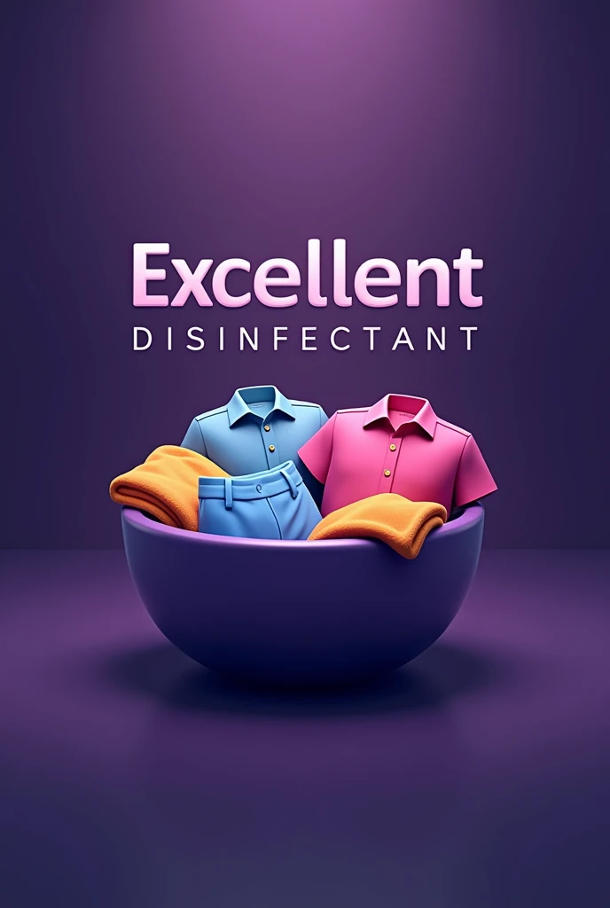 creation d'un logo avec l'image des vêtements  dans une cuvette de fond mauve foncé avec le titre excellente désinfectant 