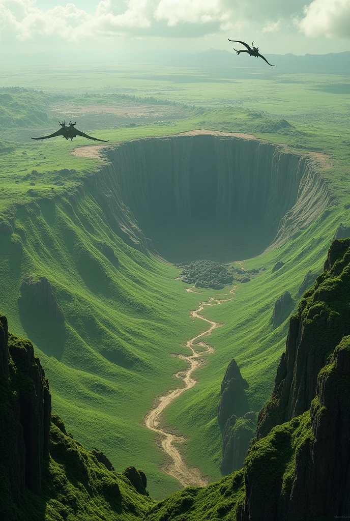 A huge green valley, autour det énorme cratère rien ne survie. Apitour de cet énorme cratère il y a un désert ou rien n'as pu survivre. Species have evolved, They can fly and look like amphibian dragons. . Vision d'en haut
