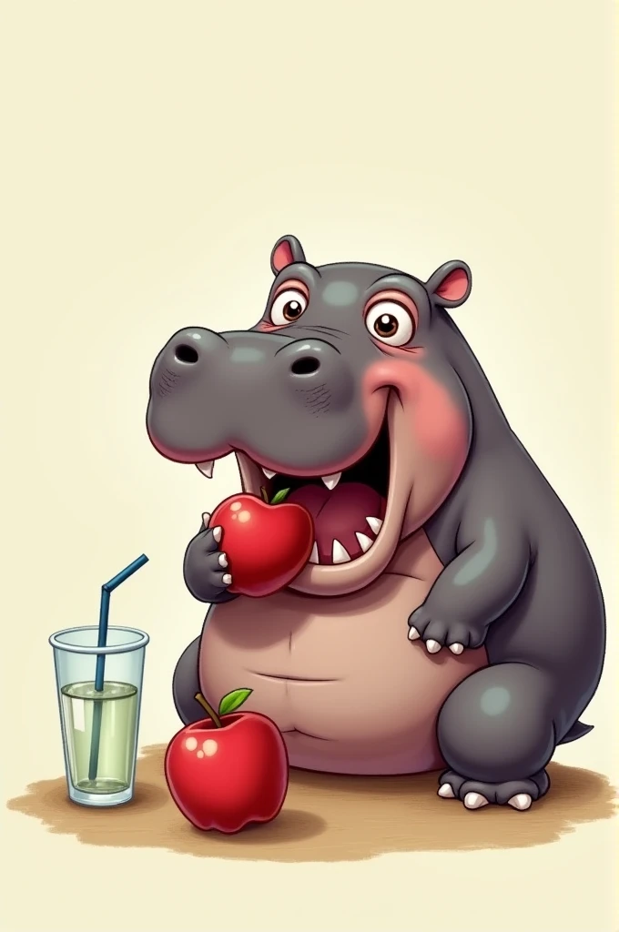 draw a hippo with an apple and a glass 