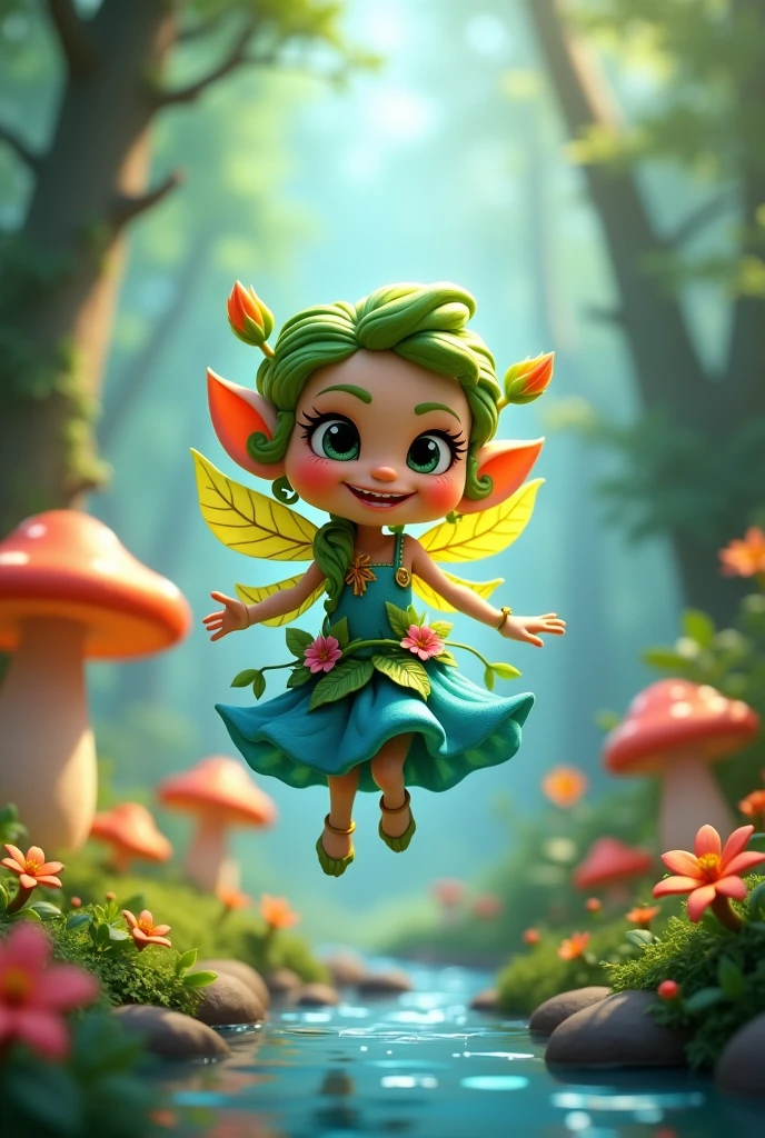 Create a 3D stylized character named 'Fern,' a playful forest sprite that embodies the vibrant energy of nature. Fern should be depicted as a small, agile creature with leaf-like wings, a flowing gown made of vines and flowers, and a mischievous grin. The character should have a bright and lively color palette, with various shades of Blue, yellow, and soft pinks. The background should feature a lush, enchanted forest with glowing mushrooms, blooming flowers, and a sparkling stream, reflecting the sprite's connection to the natural world.