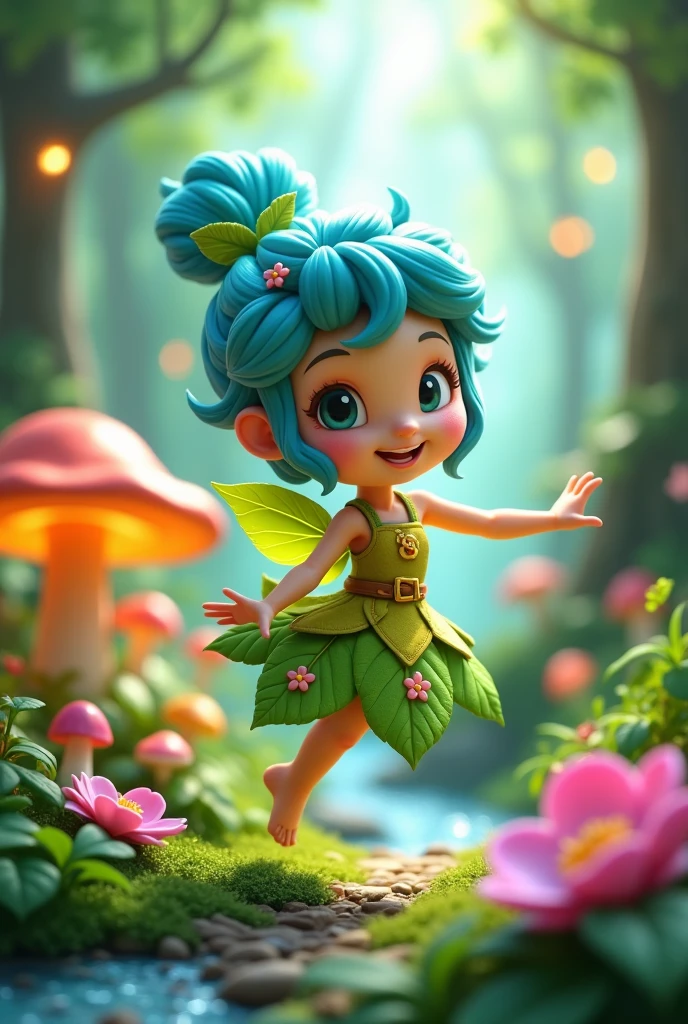 Create a 3D stylized character named 'Fern,' a playful forest sprite that embodies the vibrant energy of nature. Fern should be depicted as a small, agile creature with leaf-like wings, a flowing gown made of vines and flowers, and a mischievous grin. The character should have a bright and lively color palette, with various shades of Blue, yellow, and soft pinks. The background should feature a lush, enchanted forest with glowing mushrooms, blooming flowers, and a sparkling stream, reflecting the sprite's connection to the natural world.