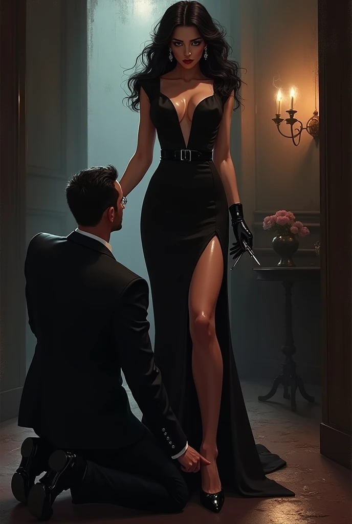 A man kneeling to a femme fatale