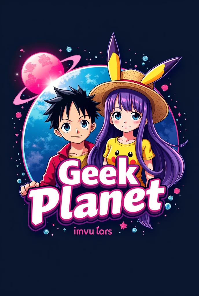 A logo with a world in the background, the pink and purple crescent moon and star heart symbol in the upper left corner in vivid colors, one or two anime figures, a boy with wavy hair and a girl with long, straight purple hair with pink tips like Pikachu ears with a Pikachu shirt and Luffy's hat from One Piece, and have in the middle the name geek planet