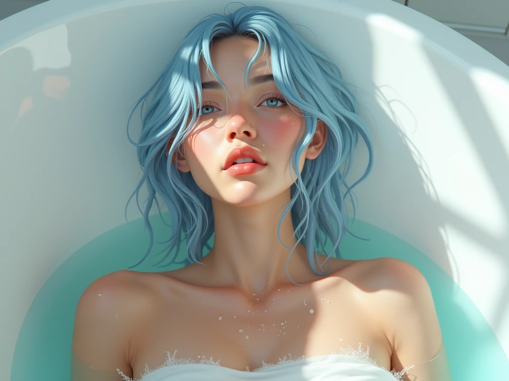 beautiful naked woman with long flowing blue hair in a bathtub, detailed facial features, porcelain skin, serene expression, rose petals floating in the water, dramatic lighting, cinematic composition, photorealistic, (best quality,4k,8k,highres,masterpiece:1.2),ultra-detailed,(realistic,photorealistic,photo-realistic:1.37),cinematic lighting, dramatic shadows, warm color palette
