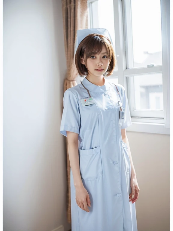 woman, alone, (Wearing white nurse clothes:1.2), Shortcuts, Bobcut, nurse, Perfect Anatomy, nurse uniform, (Nurse cap), (White costume), Long skirt, hospital, Upper Body,
