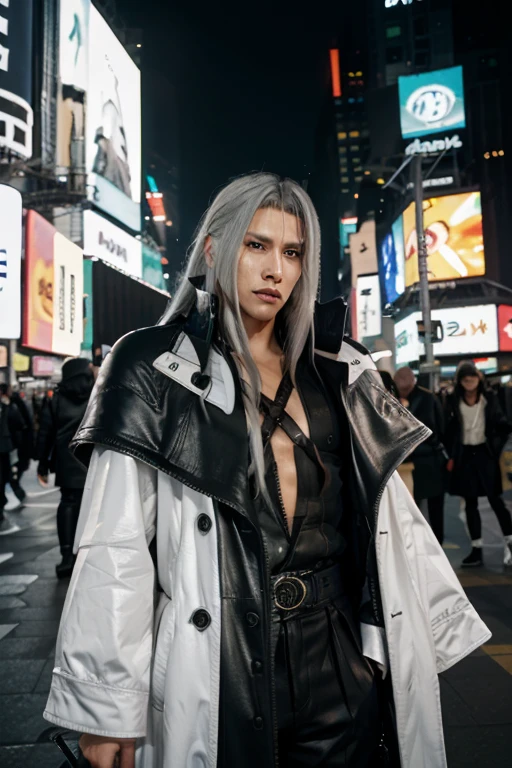 FF7R Sephiroth, 1 man, platinum white hair, balenciaga fashion, times square, high fashion, long black leather mantle, feeling superior, looking superior, asian face