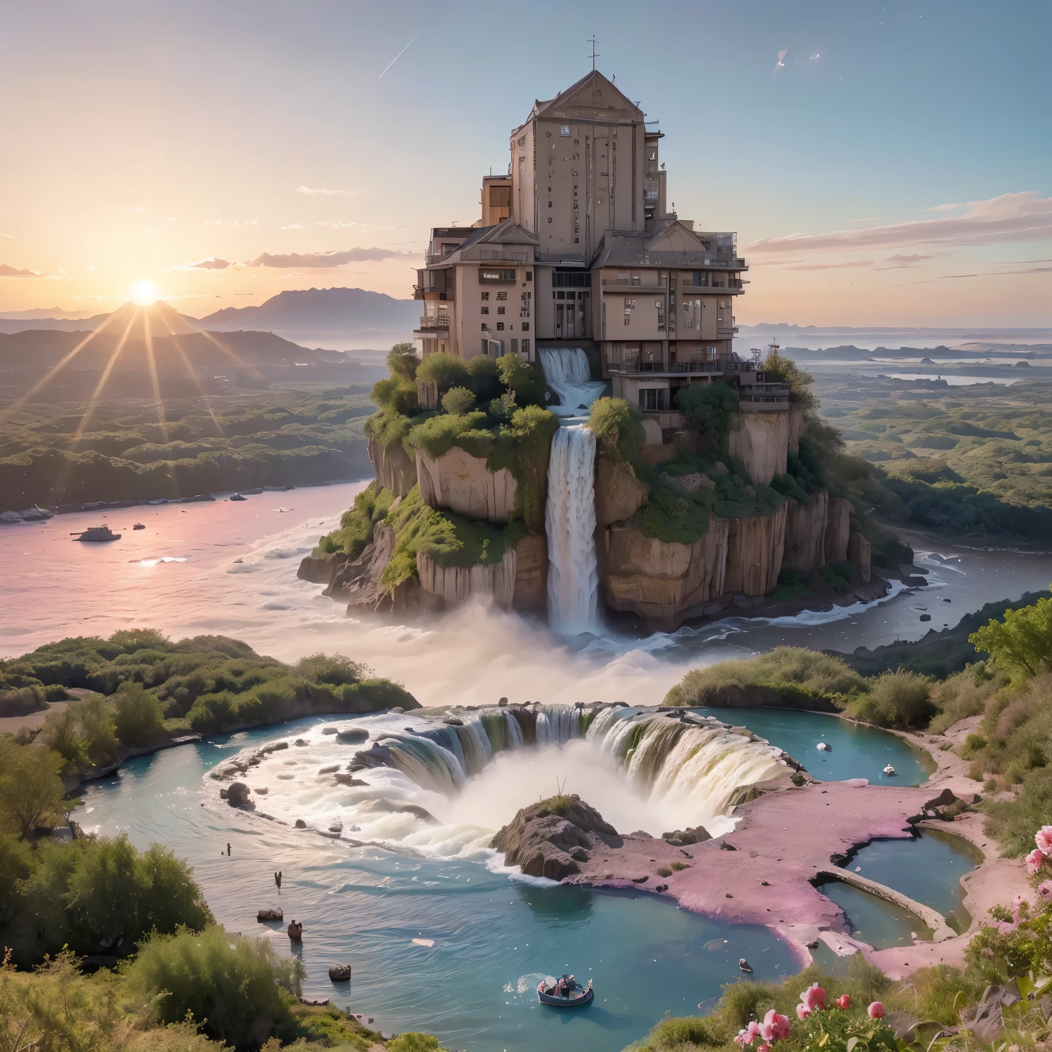 (8k, highest quality, masterpiece, final fantasy style: 1.2), (unRealistic, photoRealistic: 1.37), Dreamy landscape, epic scenes, sunset, Fantasy, Unsurreal landscapes, Super detailed, Flying futuristic Castle, Floating Island in the Sky, Seven-colored swirl of light, Intense lightning, nebulas,Complex Light, Colored light, blue clear Large Lake, Starry sky reflected on the lake surface, Countless shining stars, Meteors, Reflections , (A pillar of light emanated from the ground:1,2), (((roses and orchids gardens , bright sunset, pink and blue clouds, waterfalls in the sky, realistic style))), Hyperrealistic drawing , burning futuristic skyscrapers, , timeless realms, healing light magic effect, in a crystal clear blue magical lagoon of the fairyland, crystal clear waters with silver surface reflections, sharp focus, (close-up:0.9), (bright white theme:1.2), (bright white tone:1.2), (deep blue tone:1.3),((( realistic, Hyperrealism, vivid colours , landscapes , alien nature , science fiction themes))), mountains and abyss, water resources and waterfalls , fog ,