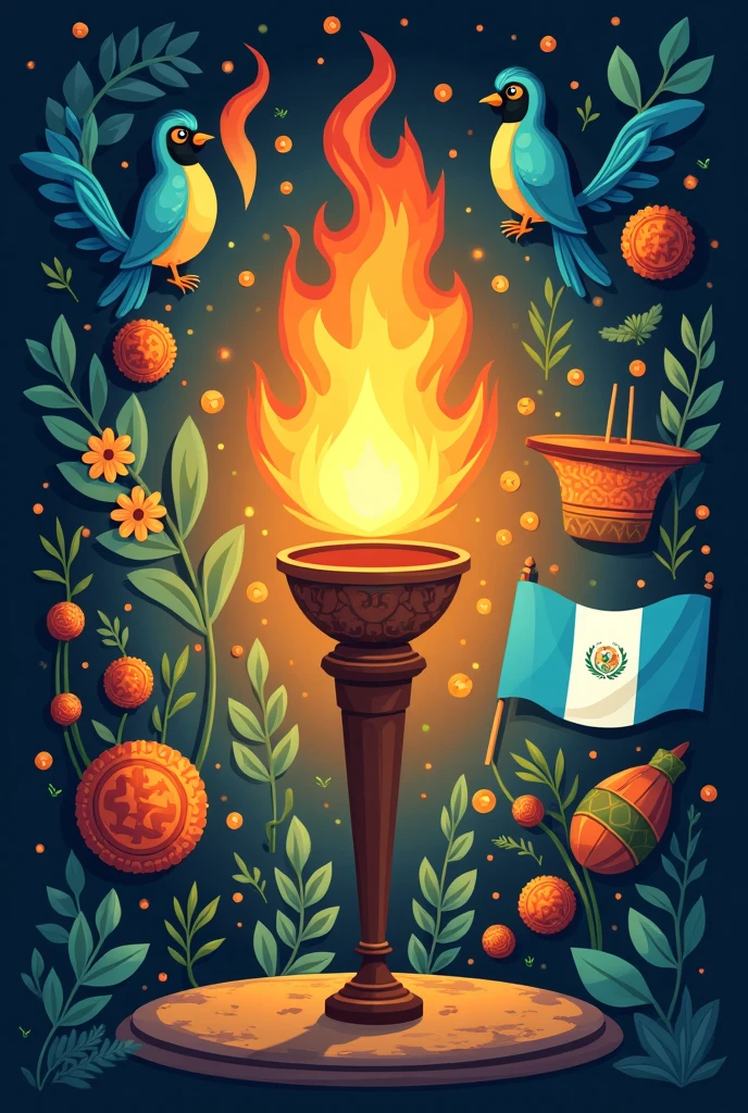 unite in a single horizontal image the national symbols of Guatemala but in the center place an animated torch, for children
