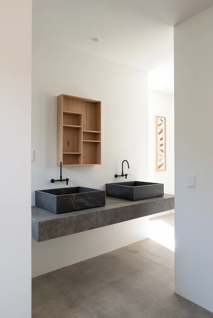 gourmet area, wall in ice white color, on the sink wall is a wooden dress, sink in black marble, counter in the middle divides space, gray floor color.