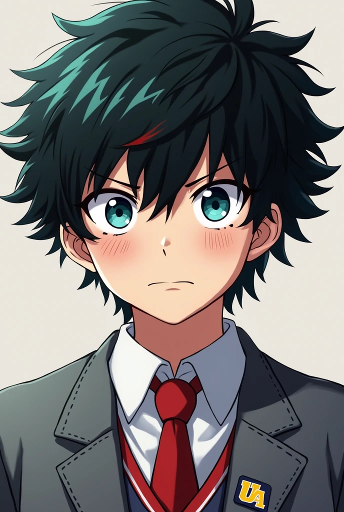 (Close-up of a better masterpiece:1.5) (realistic)
My hero Academia. Handsome boy with short, wavy black hair with red highlights and blue eyes. Grey jacket, red tie and grey skirt with the UA logo. Attractive, rude, realistic face with freckles on his cheeks.
RUDE FACE