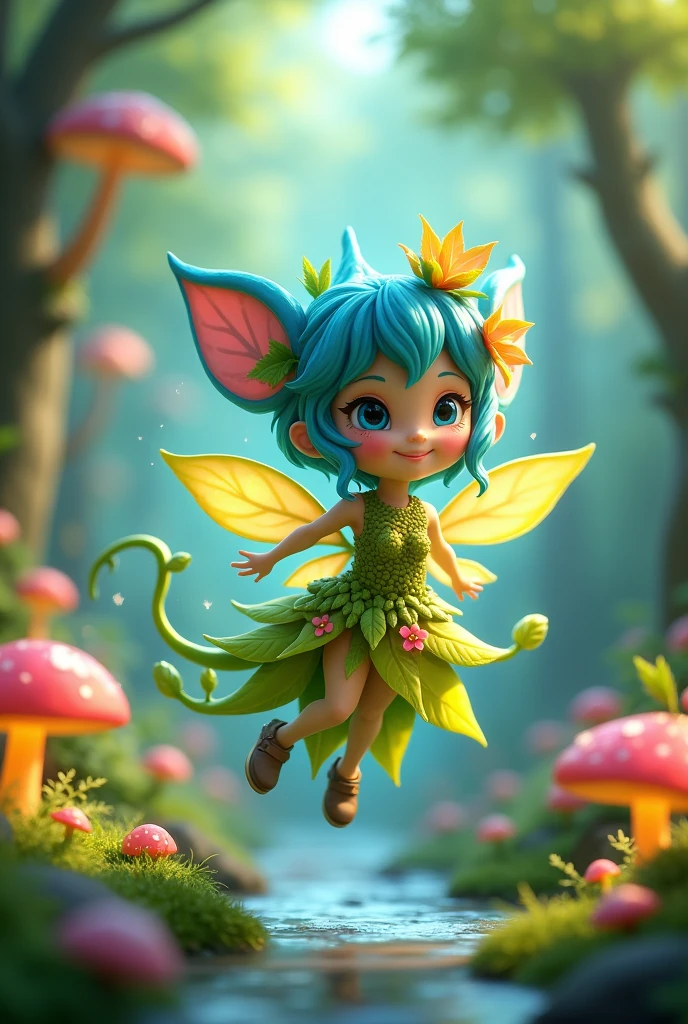 Create a 3D stylized character named 'Fern,' a playful forest sprite that embodies the vibrant energy of nature. Fern should be depicted as a small, agile creature with leaf-like wings, a flowing gown made of vines and flowers, and a mischievous grin. The character should have a bright and lively color palette, with various shades of Blue, yellow, and soft pinks. The background should feature a lush, enchanted forest with glowing mushrooms, blooming flowers, and a sparkling stream, reflecting the sprite's connection to the natural world.
