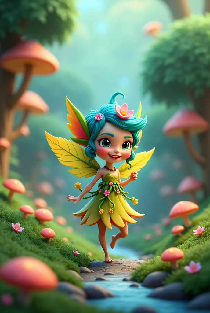 Create a 3D stylized character named 'Fern,' a playful forest sprite that embodies the vibrant energy of nature. Fern should be depicted as a small, agile creature with leaf-like wings, a flowing gown made of vines and flowers, and a mischievous grin. The character should have a bright and lively color palette, with various shades of Blue, yellow, and soft pinks. The background should feature a lush, enchanted forest with glowing mushrooms, blooming flowers, and a sparkling stream, reflecting the sprite's connection to the natural world.
