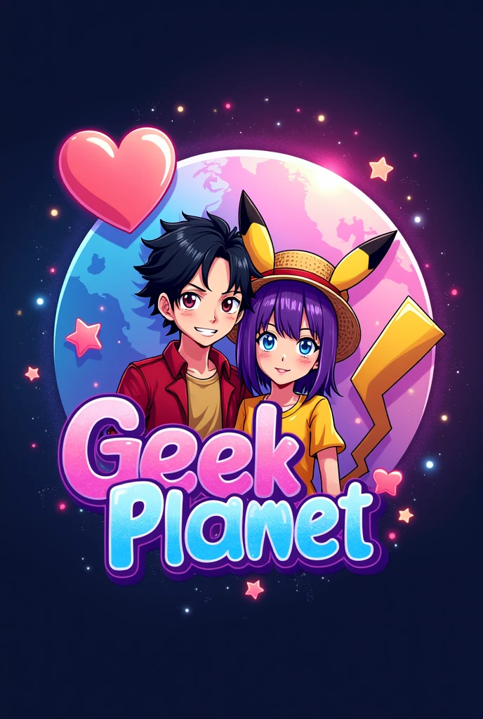 A logo with a world in the background, the pink and purple crescent moon and star heart symbol in the upper left corner in vivid colors, one or two anime figures, a boy with wavy hair and a girl with straight purple hair with pink Pikachu-like ears with a Pikachu shirt and a Luffy hat from One Piece,  and have in the middle the name geek planet