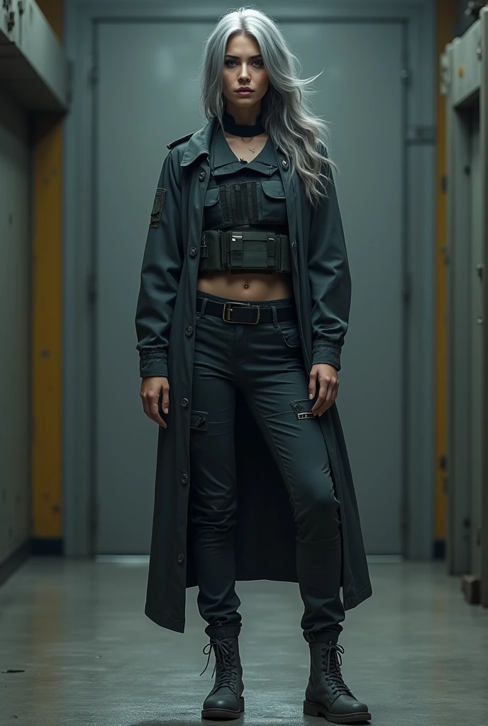Blue Archive government: Wearing tactical equipment,Beautiful girl,5 head to body change,Correct posture with hands removed, Gray work shoes, hot pants,gray hair, tactical vest, (character design)