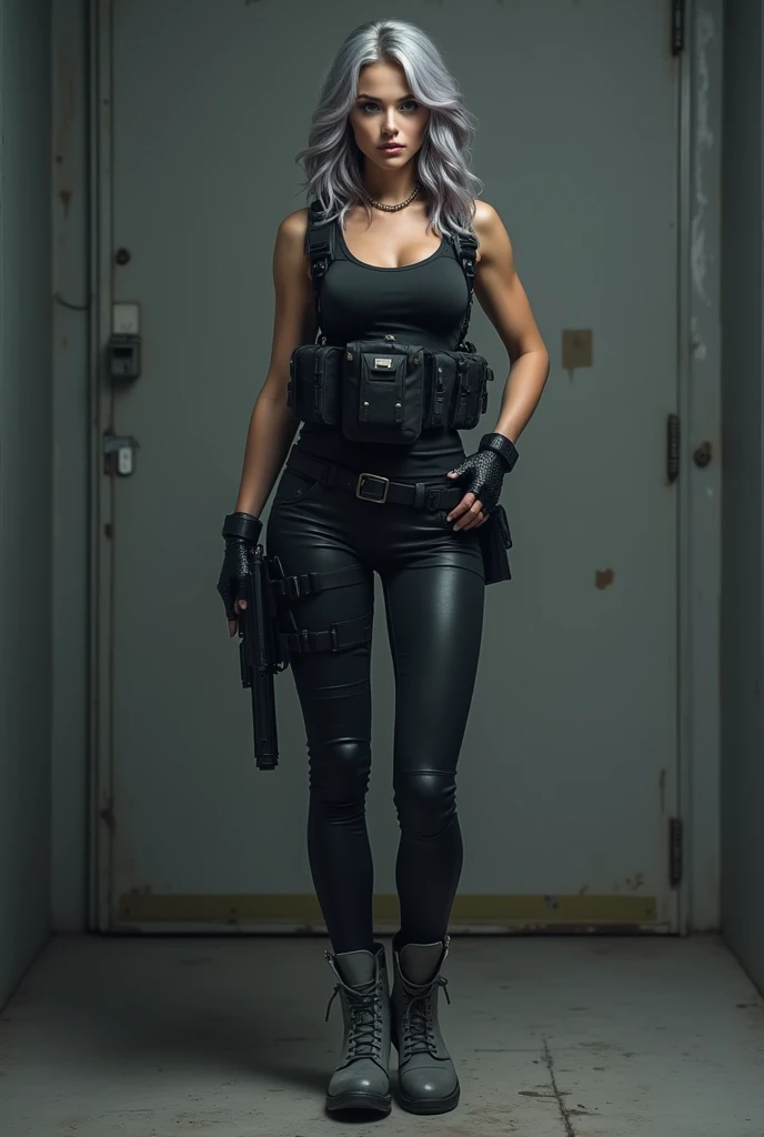Blue Archive government: Wearing tactical equipment,Beautiful girl,5 head to body change,Correct posture with hands removed, Gray work shoes, hot pants,gray hair, tactical vest, (character design)