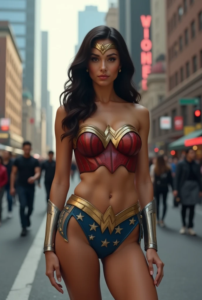 wonder woman standing naked showing body on street